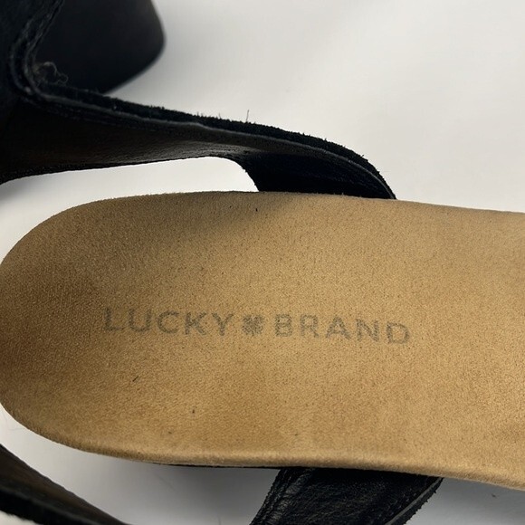 Lucky Brand Kanoa Sandals 7.5 Womens Black Tan Wedge Strappy Leather Open Toe - Picture 11 of 15